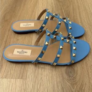 Valentino Garavani Woman’s Rockstud Slide Sandals - 37-1/2, Blue, NWB